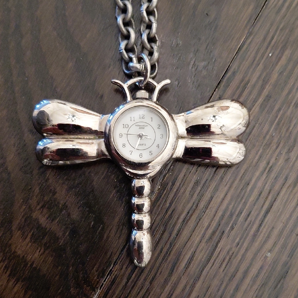 Silver Dragonfly Clock Pendant Millenium 2000 Quartz Rare Find